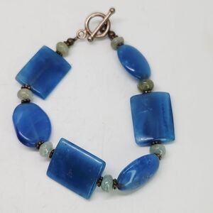 Vtg Blue Chalcedony Gemstone Link Bracelet 8" Sterling Silver Toggle Clasp